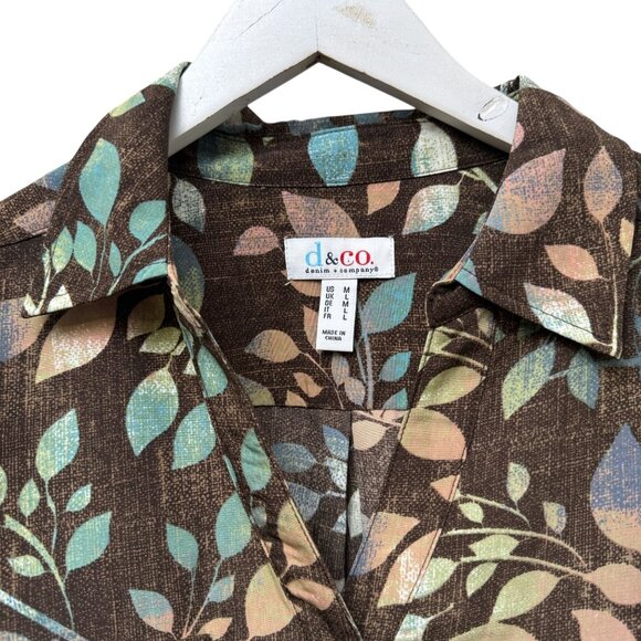 Denim & Co. Womens Top Medium Brown Leaf Print Button Up Shirt Long Sleeve NWOT - Picture 4 of 12